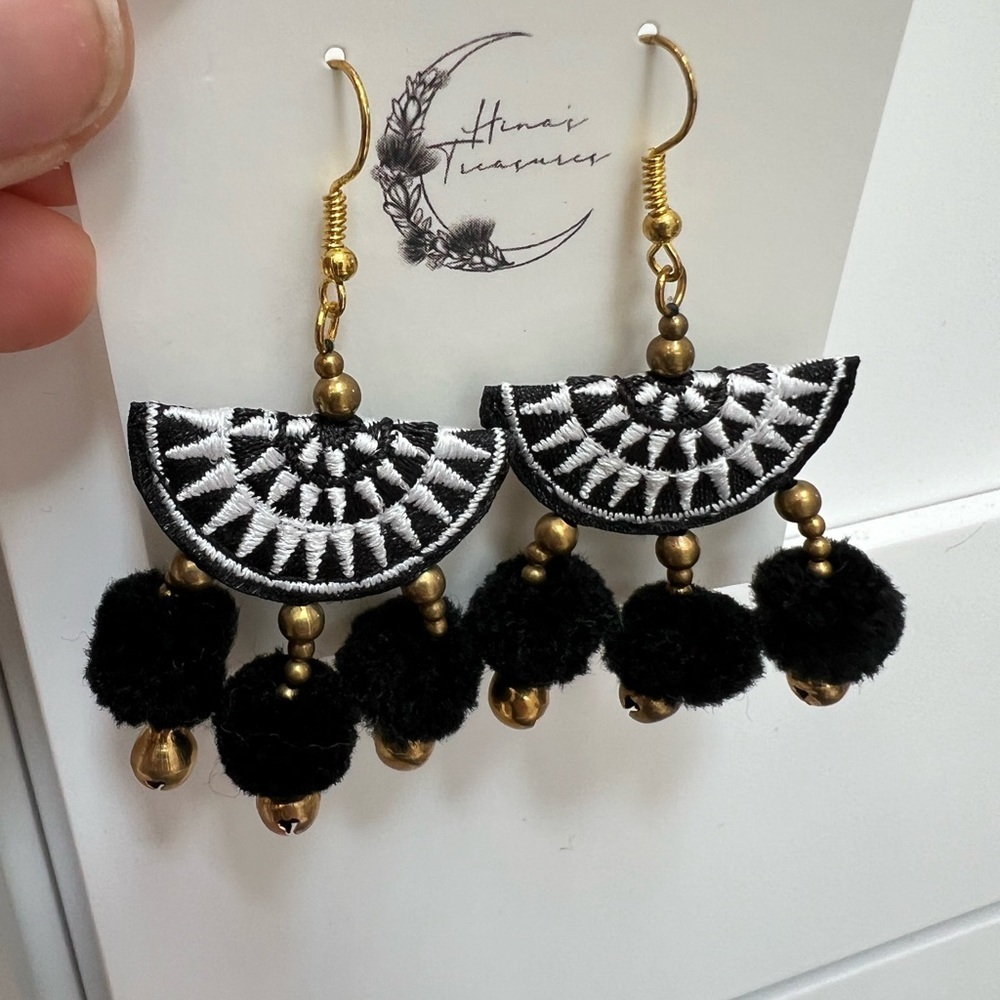 Black Pom Pom Earrings - Picture 3 of 3